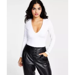 Hot Sale 🔥 Bar III 👩 Women's Plunging V-Neck Compression Thong Bodysuit, Created For Macy's Bright White ⭐