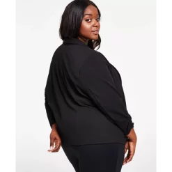 Hot Sale 🎁 Bar III Knit-Crepe Ruched-Sleeve Blazer, XXS-4X, Created For Macy's Deep Black ⭐ -Cheap Bar III Store unnamed file 106