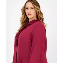Deals ⌛ Bar III Plus Size Ruffled Split-Neck Blouse, Created For Macy's Boysenberry 🤩 -Cheap Bar III Store unnamed file 1070