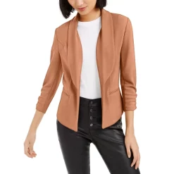 Hot Sale 🎁 Bar III Knit-Crepe Ruched-Sleeve Blazer, XXS-4X, Created For Macy's Deep Black ⭐ -Cheap Bar III Store unnamed file 110