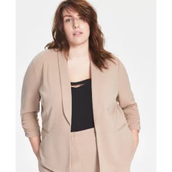 Hot Sale 🎁 Bar III Knit-Crepe Ruched-Sleeve Blazer, XXS-4X, Created For Macy's Deep Black ⭐ -Cheap Bar III Store unnamed file 111