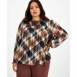 Cheap Bar III Store 40 Best deal โ๏ธ Bar III Plus Size Plaid Long Sleeve Ruffled Tie-Neck Blouse, Created For Macy's Black Combo ๐