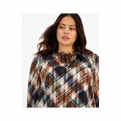 Best deal ✔️ Bar III Plus Size Plaid Long Sleeve Ruffled Tie-Neck Blouse, Created For Macy's Black Combo 👏 -Cheap Bar III Store unnamed file 1119
