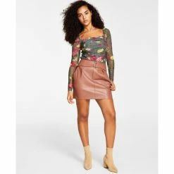 Brand new ⭐ Bar III 👩 Women's Square-Neck Printed Mesh Top & Belted Faux-Leather 👗 Skirt, Created For Macy's Deep Black ✨