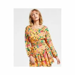 Budget ⭐ Bar III 👩 Women's Printed Long-Sleeve Scoop-Neck Top, Created For Macy's Kauai Gardens ✨ -Cheap Bar III Store unnamed file 1154