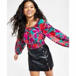 Budget ⌛ Bar III 👩 Women's Printed Smocked-Hem Peasant Top, Created For Macy's Shadow Shine 😍