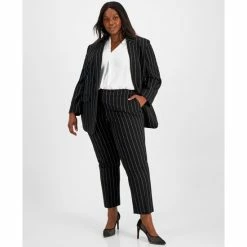 Best deal 😀 Bar III Plus Size Pinstripe One-Button Blazer, Blouse, & Pinstripe Straight Ankle Pants, Created For Macy's Black ✨