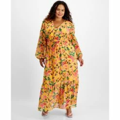 Coupon ๐ฅ Bar III Plus Size Printed V-Neck Long-Sleeve Maxi ๐ Dress, Created For Macy's Kauai Garden ๐