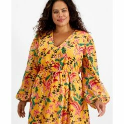Coupon 🔥 Bar III Plus Size Printed V-Neck Long-Sleeve Maxi 👗 Dress, Created For Macy's Kauai Garden 🎉 -Cheap Bar III Store unnamed file 1168