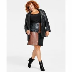 Hot Sale 🧨 Bar III Plus Size Faux-Leather Boyfriend Blazer & Colorblocked 👗 Skirt, Created For Macy's Black/gaucho Brown ✔️