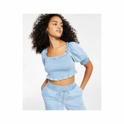 Buy 😍 Bar III 👩 Women's Smocked Crop Top, Created For Macy's Blue Whisper ✨ -Cheap Bar III Store unnamed file 1219