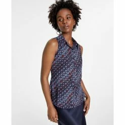 New 🥰 Bar III 👩 Women's Sleeveless Geo-Print Blouse, Created For Macy's Bar Navy Combo 😍