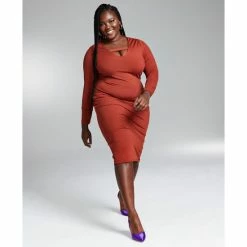 Top 10 ⭐ Bar III GooGoo Atkins Trendy Plus Size Bodycon Long-Sleeve Peekaboo Midi 👗 Dress, Created For Macy's Copper Rust 😉