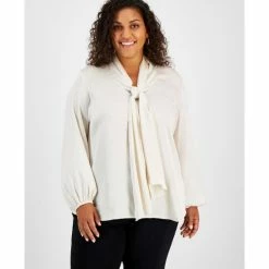 Cheap 👍 Bar III Plus Size Tie Neck Long Sleeve Blouse, Created For Macy's Bar White 👍