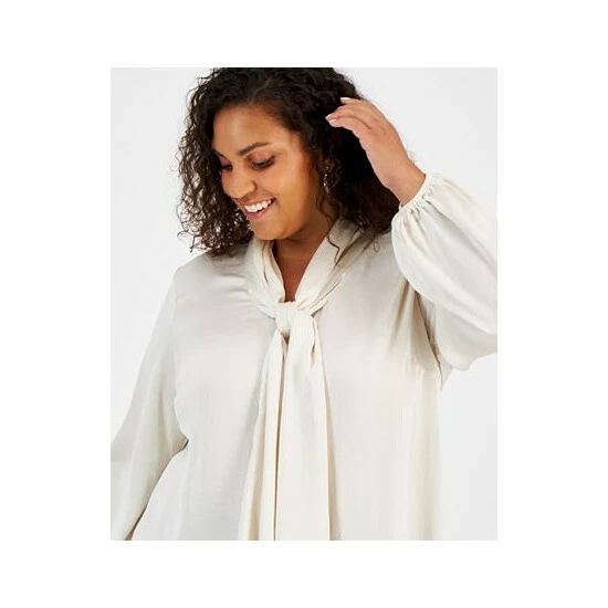 Cheap ๐ Bar III Plus Size Tie Neck Long Sleeve Blouse, Created For Macy's Bar White ๐ 2 Cheap ๐ Bar III Plus Size Tie Neck Long Sleeve Blouse, Created For Macy's Bar White ๐ - Image 2