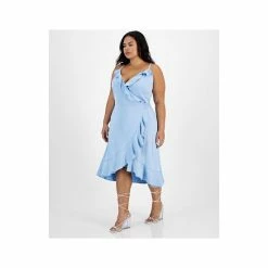 Outlet 🌟 Bar III Plus Size Chambray Sleeveless Midi Wrap-Style 👗 Dress, Created For Macy's Blue Whisper 😀 -Cheap Bar III Store unnamed file 1248
