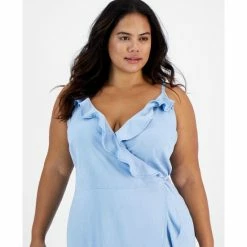 Outlet 🌟 Bar III Plus Size Chambray Sleeveless Midi Wrap-Style 👗 Dress, Created For Macy's Blue Whisper 😀 -Cheap Bar III Store unnamed file 1249