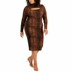 Top 10 💯 Bar III Plus Size Cutout Bodycon 👗 Dress, Created For Macy's Snake Python Brown 😍