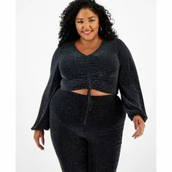 Wholesale 😀 Bar III Plus Size Embellished V-Neck Drawstring Crop Top, Created For Macy's Deep Black ⭐
