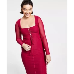 Hot Sale 😍 Bar III 👩 Women's Solid Lace-Up Mesh Midi 👗 Dress, Created For Macy's Royal Amaryllis 👏 -Cheap Bar III Store unnamed file 129
