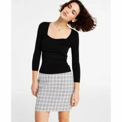 Best Pirce 🌟 Bar III 👩 Women's 3/4-Sleeve Square-Neck Sweater, Created For Macy's Black 🎁