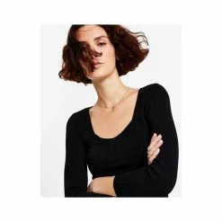 Best Pirce 🌟 Bar III 👩 Women's 3/4-Sleeve Square-Neck Sweater, Created For Macy's Black 🎁 -Cheap Bar III Store unnamed file 1314