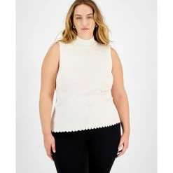 Budget 👍 Bar III Plus Size Ribbed Sleeveless Mock-Neck Scalloped-Hem Top, Created For Macy's Bar White 🎁