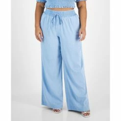 Best deal 😀 Bar III Plus Size Chambray Wide-Leg Pull-On Pants, Created For Macy's Blue Whisper 🎁
