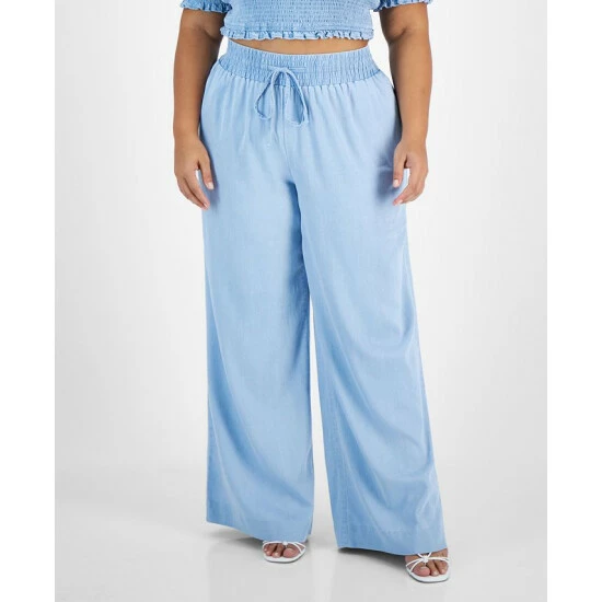 Best deal 😀 Bar III Plus Size Chambray Wide-Leg Pull-On Pants, Created For Macy's Blue Whisper 🎁 1 Best deal 😀 Bar III Plus Size Chambray Wide-Leg Pull-On Pants, Created For Macy's Blue Whisper 🎁