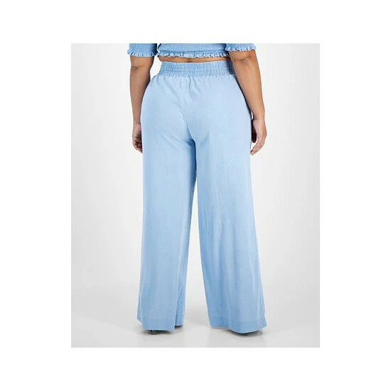 Best deal 😀 Bar III Plus Size Chambray Wide-Leg Pull-On Pants, Created For Macy's Blue Whisper 🎁 2 Best deal 😀 Bar III Plus Size Chambray Wide-Leg Pull-On Pants, Created For Macy's Blue Whisper 🎁 - Image 2