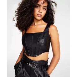 Hot Sale ⭐ Bar III 👩 Women's Faux-Leather Corset Tank Top, Created For Macy's Deep Black 🥰 -Cheap Bar III Store unnamed file 134