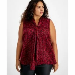 Hot Sale 😍 Bar III Plus Size Animal-Print Tie-Neck Sleeveless Top, Created For Macy's Morello Cherry Multi ⭐