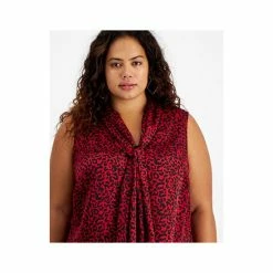 Hot Sale 😍 Bar III Plus Size Animal-Print Tie-Neck Sleeveless Top, Created For Macy's Morello Cherry Multi ⭐ -Cheap Bar III Store unnamed file 1369
