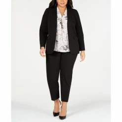 New ⌛ Bar III Trendy Plus Size Open-Front Jacket, Printed Blouse & Straight-Leg Pants, Created For Macy's Navy 🎉