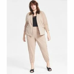 Buy 👏 Bar III Plus Size Knit-Crepe Ruched-Sleeve Blazer, Zip-Back Halter Top & Paperbag-Waist Jogger Pants, Created For Macy's Warm Ginger 🤩