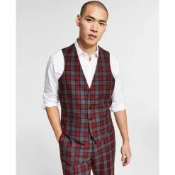 Promo ⭐ Bar III Men's Slim-Fit Red/Gray Plaid Suit Vest, Created For Macy's Red Grey 😍