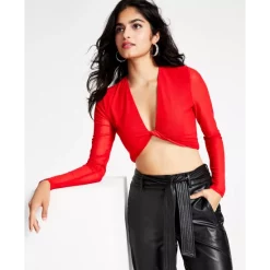 Cheap 😀 Bar III 👩 Women's Plunging Twist-Front Mesh-Sleeve Crop Top, Created For Macy's Deep Black 🧨 -Cheap Bar III Store unnamed file 145