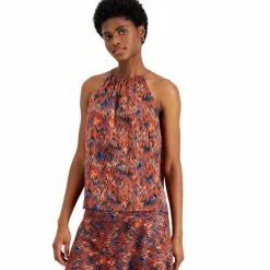 Discount ⌛ Bar III 👩 Women's Ikat-Print Keyhole-Back Halter Top, Created For Macy's Blue Shadow Combo 🤩