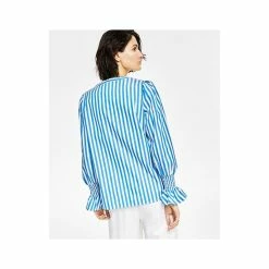 Discount 🎁 Bar III 👩 Women's Striped Smocked-Cuff Top, Created For Macy's Deep Aqua/blanc 👍 -Cheap Bar III Store unnamed file 1527