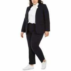 Cheapest 🥰 Bar III Trendy Plus Size Open-Front Blazer, Tie-Neck Blouse & Ankle Pants, Created For Macy's Navy ⭐