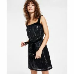 Flash Sale ✔️ Bar III 👩 Women's Sequined Square-Neck Belted 👗 Dress, Created For Macy's Black 🔥 -Cheap Bar III Store unnamed file 1555