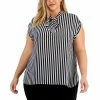 Budget 💯 Bar III Trendy Plus Size Tie-Neck Striped Top, Created For Macy's Black/lily White ✨