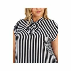 Budget 💯 Bar III Trendy Plus Size Tie-Neck Striped Top, Created For Macy's Black/lily White ✨ -Cheap Bar III Store unnamed file 1564