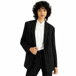 Buy 😉 Bar III 👩 Women's Pinstripe One-Button Boyfriend Jacket, Created For Macy's Bar Black/white 👍