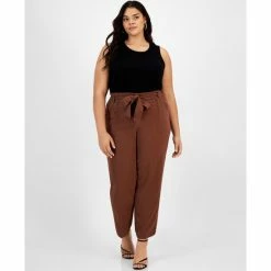 Hot Sale 💯 Bar III Plus Size Textured Tie-Waist Pants, Created For Macy's Gaucho Brown Multi 🔥