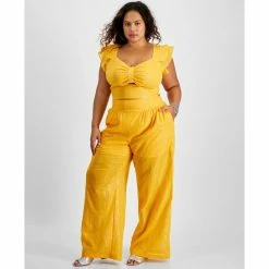 Buy 🧨 Bar III Plus Size High-Rise Smocked-Back Wide-Leg Pants, Created For Macy's Gold Brick ✔️