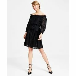 Outlet 💯 Bar III 👩 Women's Metallic Eyelash Off-The-Shoulder 👗 Dress, Created For Macy's Black 😀