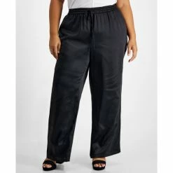 Best Sale 🔥 Bar III Plus Size Washed Satin Pull-On Wide-Leg Pants, Created For Macy's Black 🔔