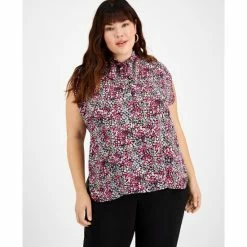 Coupon 🥰 Bar III Plus Size Ditsy Floral-Print Tie-Neck Top, Created For Macy's Jazz Berry Multi ⌛