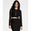 Coupon 🎁 Bar III 👩 Women's Button-Front Cutout Mesh-Sleeve Crop Top, Created For Macy's Deep Black 🛒